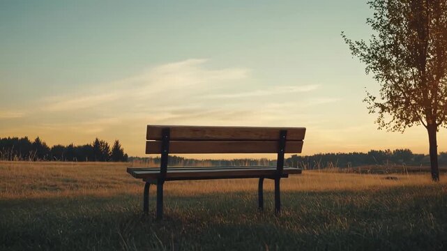 Empty wooden park bench in a golden field at sunset, offering quiet solitude and a peaceful place for contemplation, memory, and gentle reflection in nature