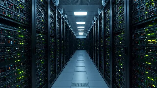 Server Room with Rows of Rack Mount Servers with Blue Lights and Cables Data Center Interior Network and Technology Infrastructure