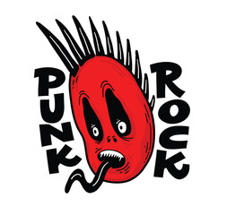 Punk Rock. Hand drawn lettering inscription with a skull character with mohawk. Trendy music vector illustration.