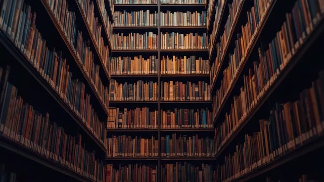 Quiet ancient library aisle with tall wooden shelves filled with books evoking warm cozy study