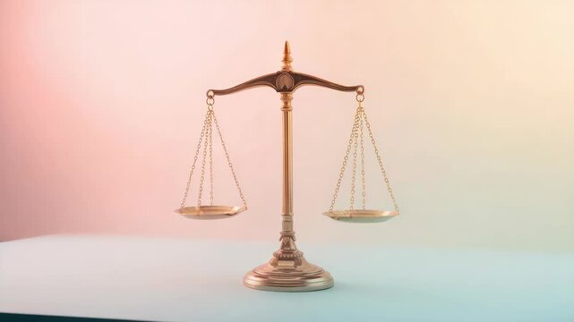 Golden balance scale on pastel background conveying justice fairness law brass and legal concept