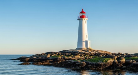 Lighthouse on Rocky Island Coastline Seascape.