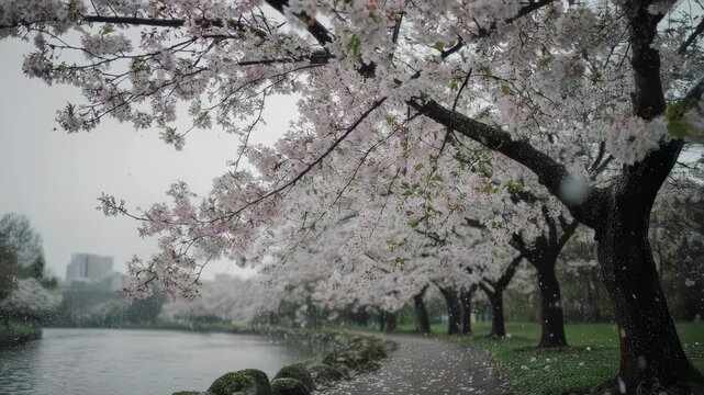 A park scene under flowering trees, path alongside a lake, in soft light