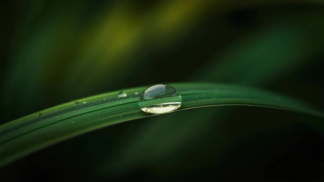 Dewdrop on grass blade reflecting water light. serene macro reflection of nature closeup