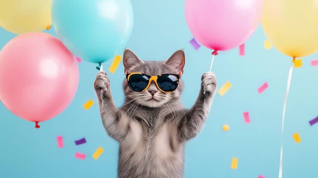 A gray cat wearing sunglasses stands upright holding colorful balloons while confetti falls on a blue background, celebrating a birthday
