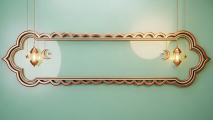 an ornate golden frame hangs centered on a pale teal wall illuminated by two decorative pendant lamps creating a warm glow
