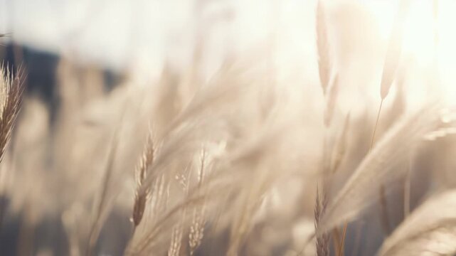 Warm sunlight backlighting delicate feathery grass blades swaying gently in a field, creating a soft and peaceful natural abstract background with ethereal bokeh