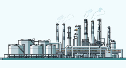Obraz premium Industrial complex illustration. Modern factory or refinery with prominent smokestacks, storage tanks, and intricate piping systems. Represents manufacturing and energy production infrastructure