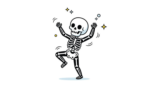 Fun cartoon illustration of a happy skeleton dancing with its arms raised and legs moving surrounded by small sparkling stars and circles.