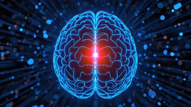 Glowing digital brain neural center neuron cortex glowing with central red focus futuristic network