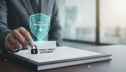 Privacy impact assessment tabletop with data minimization shield ai strategy roadmap ai transformation business protecting user information calmly