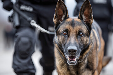 Fototapeta premium Policewoman walking with police dog 