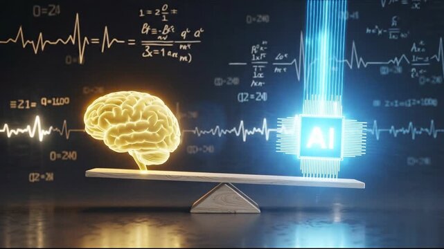 Balancing Human Intellect and Artificial Intelligence: A visual metaphor of the human brain and AI technology, represented as an equal balance.