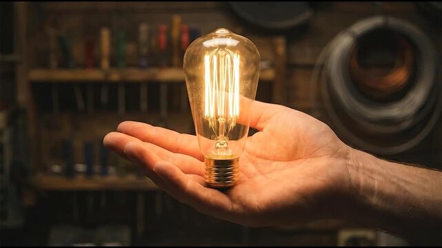 Hand holding glowing vintage lightbulb with innovation concept in workshop background.
