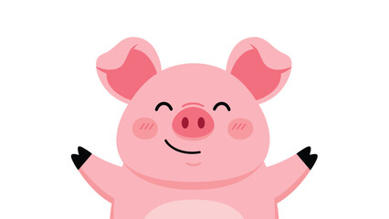 Fototapeta premium Cheerful illustration of a cute pink pig character smiling with open arms as if to give a hug on a white background.