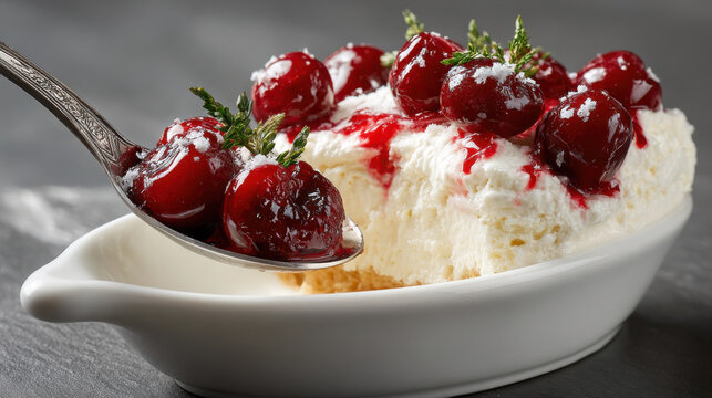 Scoop Serving Cherry Dessert Dish Showing Creamy Layers and Glistening Cherries on Top