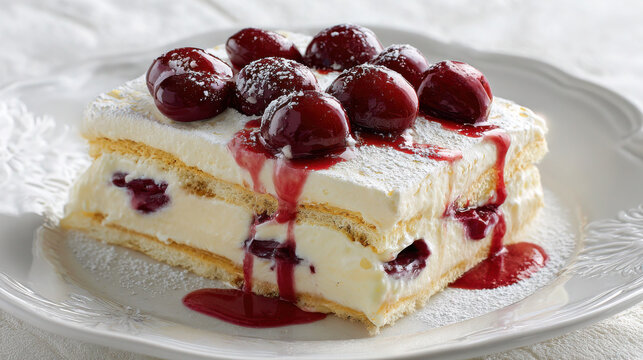 Scoop Serving Cherry Dessert Dish Showing Creamy Layers and Glistening Cherries on Top