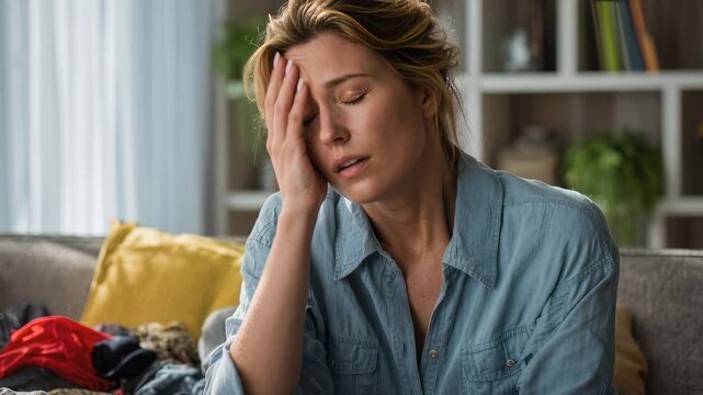 Overwhelmed Tired Woman Resting Amid Piles of Household Laundry