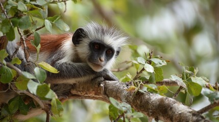 A monkey relaxes on a tree branch gazing curiously at its surroundings. The vibrant green leaves create a serene backdrop showcasing natures beauty in the forest.