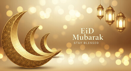Eid Mubarak Greeting with Golden Crescent Moon and Hanging Lanterns