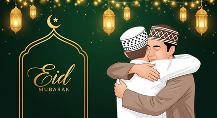 Eid Mubarak Illustration of Muslim Father and Son with Lanterns and Crescent Moon
