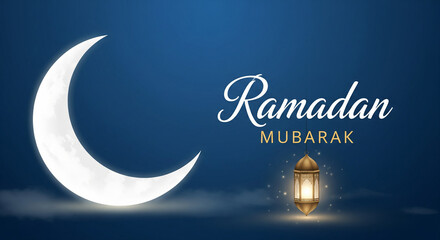 Ramadan Mubarak Greeting with Crescent Moon and Hanging Lantern at Night