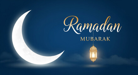 Ramadan Mubarak Greeting with Crescent Moon and Hanging Lantern at Night
