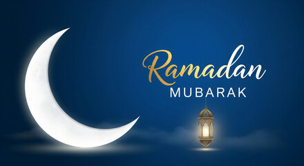 Ramadan Mubarak Greeting with Crescent Moon and Hanging Lantern at Night