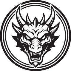 Fierce Dragon Emblem Bold Black and White Circular Logo Featuring a Detailed Dragon Head with Sharp Horns and Menacing Expression 