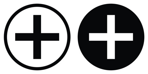 Obraz premium Universal plus sign vector icon for adding items, positive actions, or mathematical addition. Minimalist black and white circular button for user interface design.