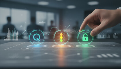 AI strategy roadmap for business transformation and security planning with quality metrics access control and workflow signals modern office scene