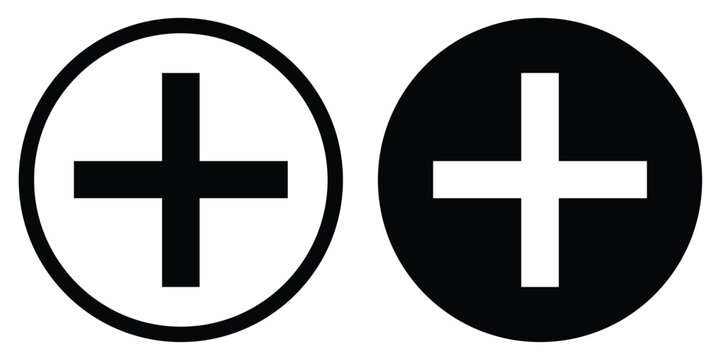 Universal plus sign vector icon for adding items, positive actions, or mathematical addition. Minimalist black and white circular button for user interface design.