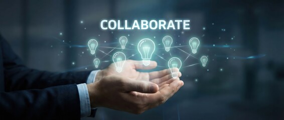 Fototapeta premium Man holding glowing lightbulbs network, symbolizing collaboration, innovation, and teamwork Concept of ideas, connection, and business strategy