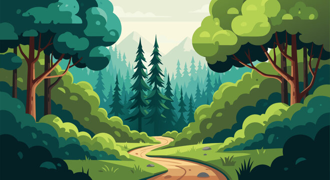 Beautiful winding path through a lush green forest vector illustration, serene nature scene with tall trees and vibrant foliage