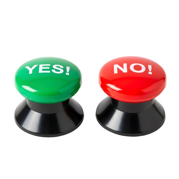 Decision making with green yes and red no choice buttons on white background