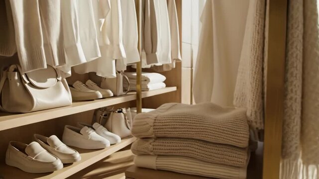 Tidy wardrobe interior with hanging white clothes and accessories. Organized closet shelves with shoes and handbags. Spring cleaning and decluttering concept