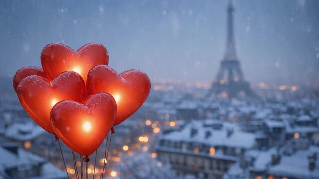 Glowing red heart balloons floating over snowy Paris with the Eiffel Tower, symbolizing love, romance, and Valentine&rsquo;s Day magic in a dreamy winter atmosphere.