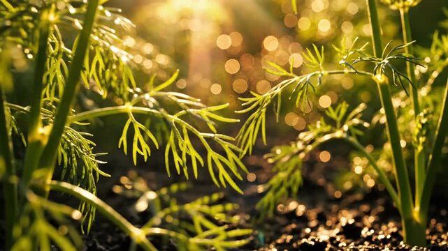 Delicate dill fronds bathed in soft morning sunlight, showcasing their feathery texture and fresh green growth in a vibrant garden setting.