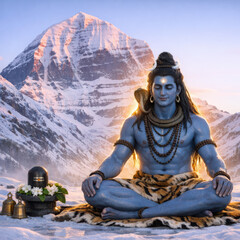 Fototapeta premium Lord Shiva Meditating In Snowy Mountains With Cobra And Bells imaa (42