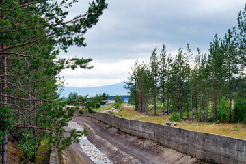 Dry concrete drainage canal through pine trees and open landscape
