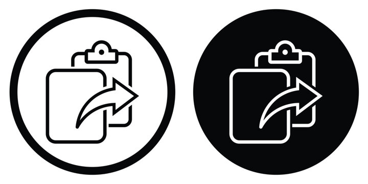 Minimal black and white share icon showing an arrow emerging from a square inside circular shapes. Clean flat design representing sharing, external link, export, redirect, or forward action in digital