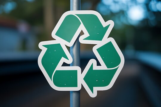 Green recycling symbol on metal pole in outdoor setting