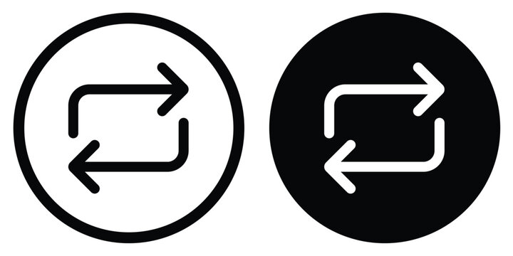 Minimal black and white exchange icon with two directional arrows forming a loop inside circular shapes. Clean flat design representing sync, transfer, refresh, repeat process, data exchange, and syst