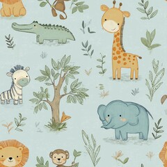 Fototapeta premium Cute cartoon jungle animals seamless pattern. Safari animals pattern with giraffes, elephants, and lions on a light blue background