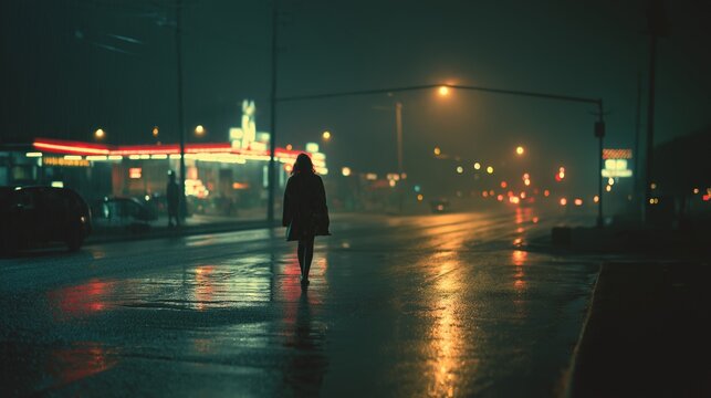 Woman walking alone on wet street reflecting neon lights. Woman walking away on an empty city street at night with colorful light reflections