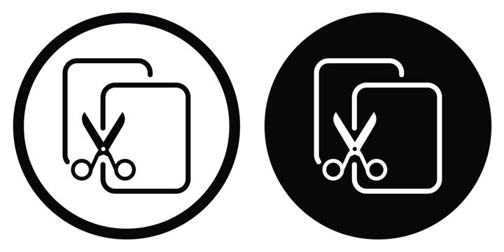 Professional vector icon featuring a pair of scissors cutting through document layers. Symbolizes content editing, page layout tools, clipping, or digital document modification.