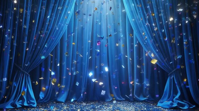 キラキラ、青いカーテンの舞台、劇場のイメージ素材