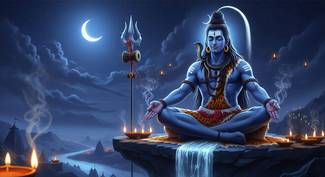 Lord Shiva meditating on a cliff overlooking a serene landscape at night meditation