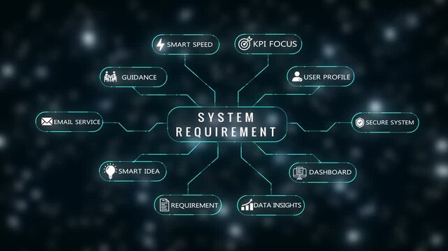 System architecture mind map with glowing cyan neon lines and on a dark background with bokeh lights illustrating interconnected system components and data flow for technological understanding