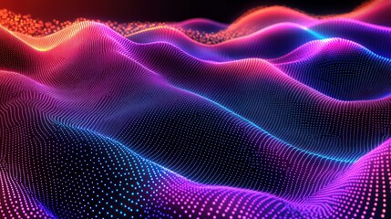 Abstract neon digital landscape with glowing colorful dots, flowing waves of light and vibrant hues.